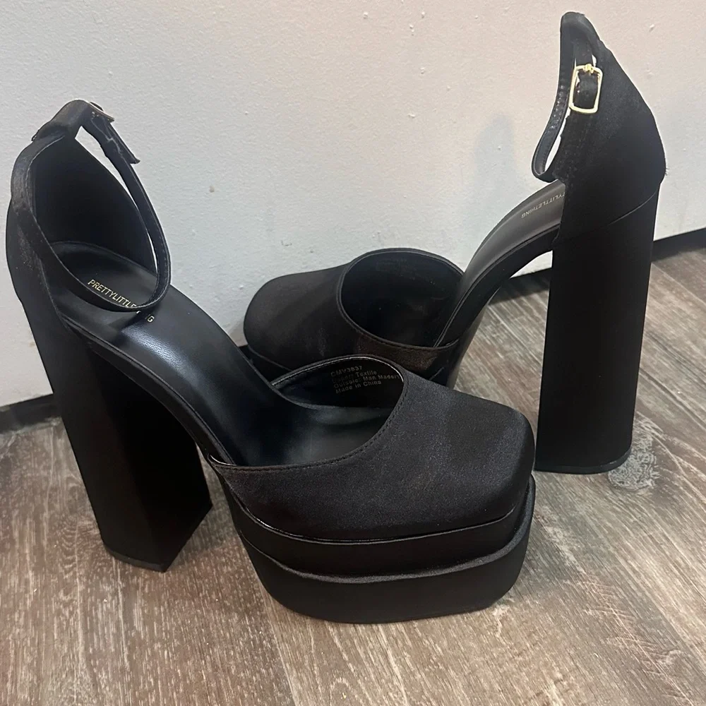 PrettyLittleThing Black Satin Square Toe Double Platform Heeled Sandals